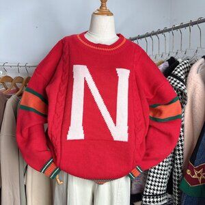 Vintage Red Cable Knit Sweater Letter N Varsity Style